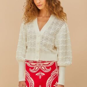 FARM Rio Lace Stitch White Knit Cardigan